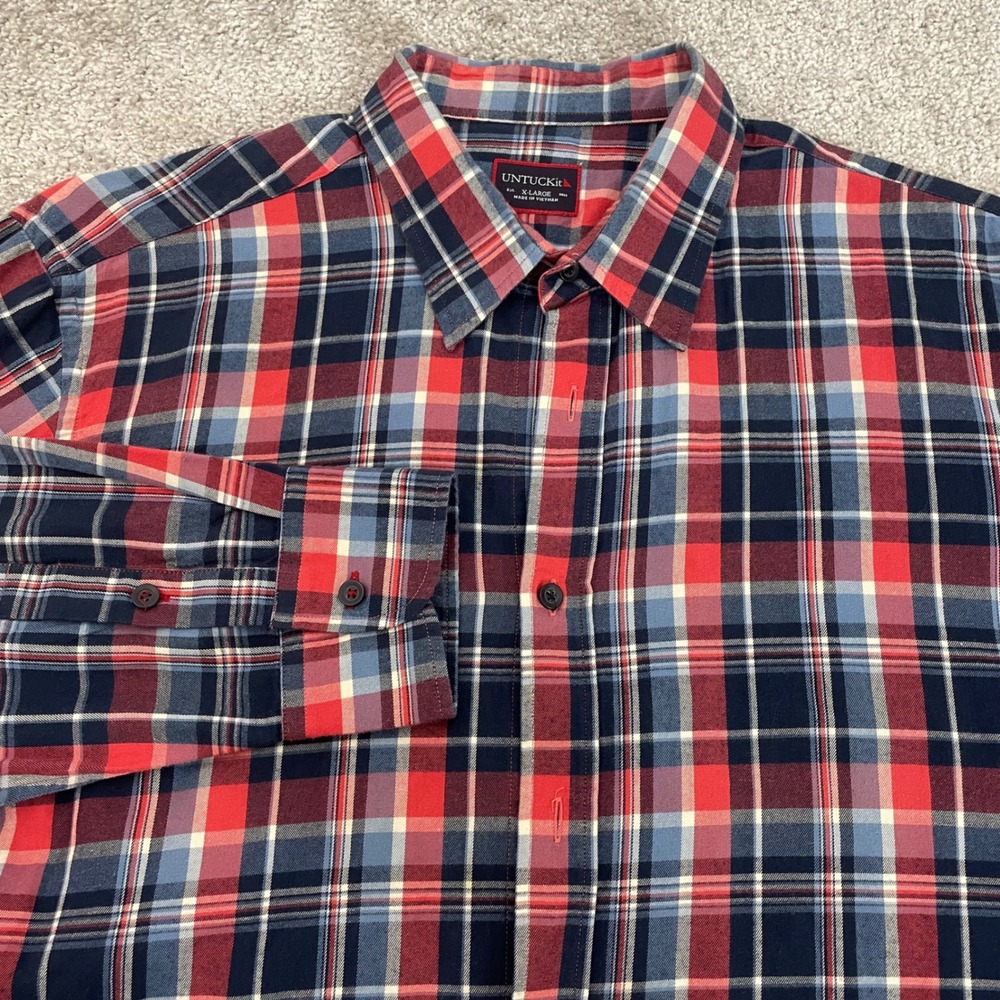 UNTUCKit Button Up Shirt Mens Extra Large Plaid Cotton Red Navy *Missing Buttons